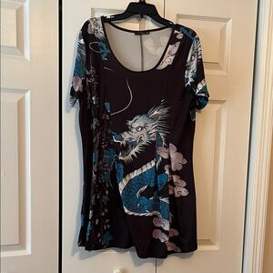 Black Short-Sleeve Mini Dress with Blue Dragon Graphic